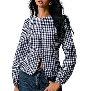 NWT ~ Women's Blue & White Gingham Long Sleeve Blouse ~ Size LARGE